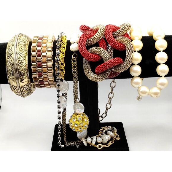 Vintage Multi-Medium Grouping of Necklaces and Bracelets Wood Faux Pearls - Picture 1 of 11